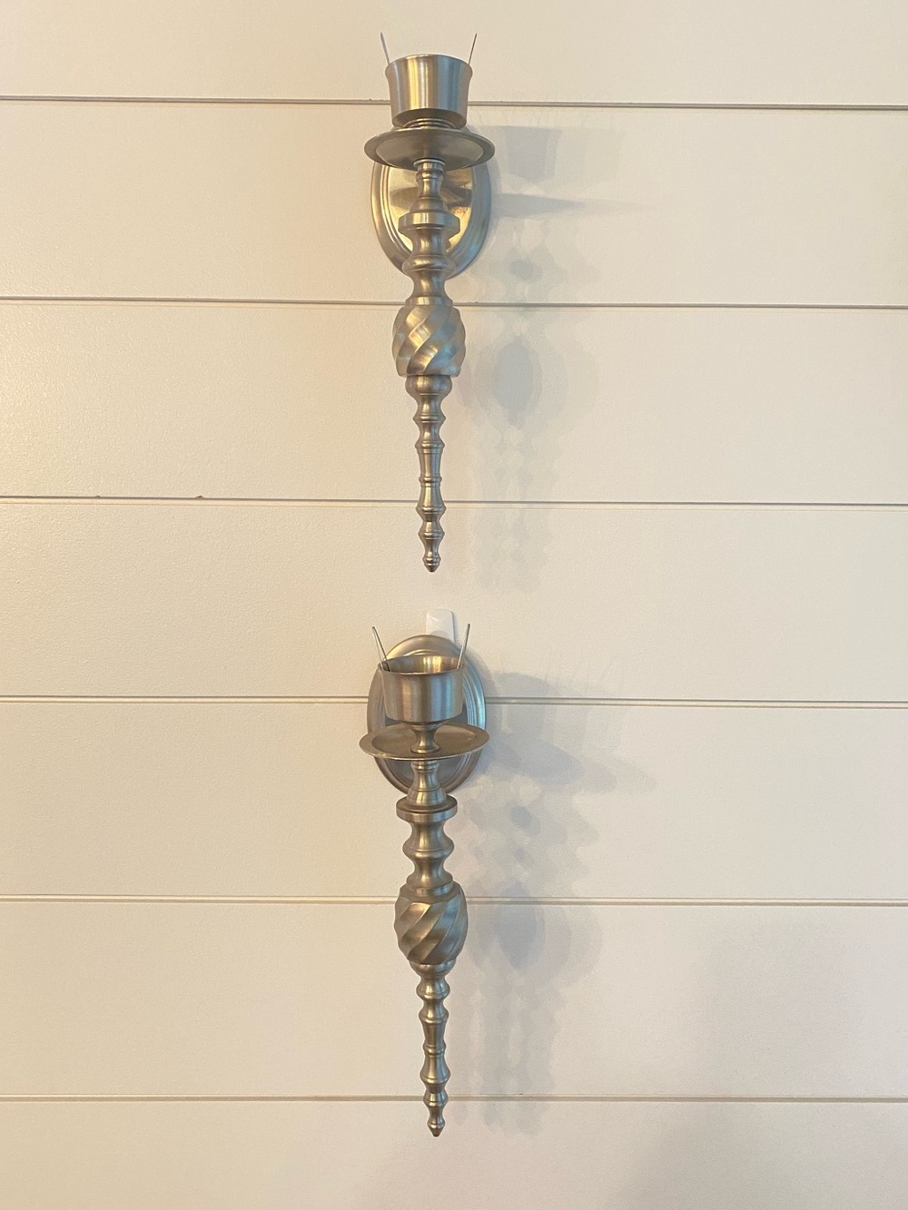 Mid-Century Modern Silver Chrome Pewter Wall Hung Candle Sconces Ornate Elfcore